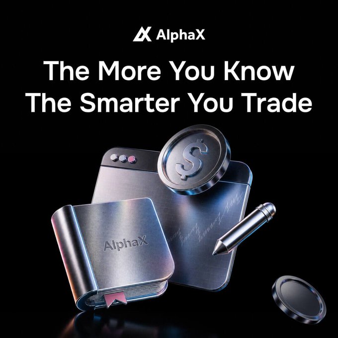 An AlphaX promotional graphic with text 'The More You Know The Smarter You Trade' featuring metallic 3D renders of a phone, notebook, pen, coin, and magnifying glass.
