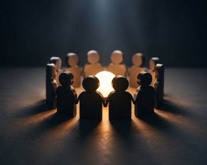 A glowing orb at the center of a tight circle of wooden figures illuminates the group from within, symbolizing trust and shared purpose radiating outward among committed community members. The scene visually reinforces the post's message that authentic communities grow through meaningful connections and consistent value, not surface-level hype.