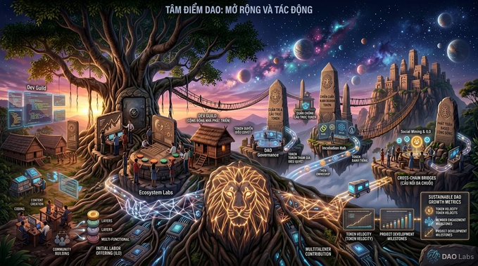 A vibrant fantasy infographic titled 'TẦM ĐIỂM DAO: MỞ RỘNG VÀ TÁC ĐỘNG' depicts the DAO Labs ecosystem as a magical tree with interconnected nodes labeled 'Dev Guild', 'Ecosystem Labs', 'Meditation Hub', and 'Social Mining & DAO'.