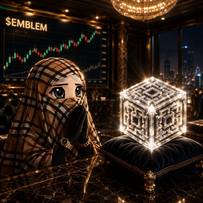 An anime-style character wearing a Burberry-patterned headscarf and black gloves gazes at a glowing, intricately carved transparent cube displayed on a dark cushion, with a trading chart labeled "$EMBLEM" visible in the background.