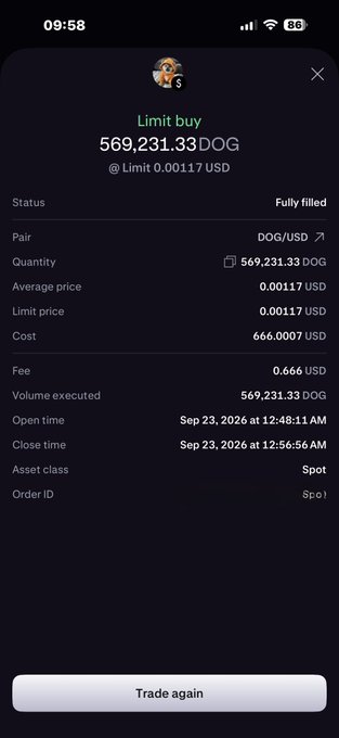 A mobile trading app screenshot showing a fully filled limit buy order for 569,231.33 DOG at 0.00117 USD, executed on Sep 23, 2026.