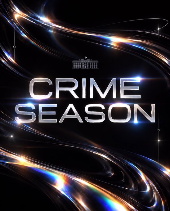 A graphic design poster features the text 'CRIME SEASON' in metallic silver lettering against a black background with swirling light trails and a small courthouse icon at the top.