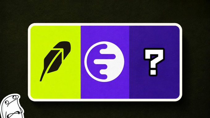 A dark screen displaying three colored app icons—a black quill on yellow, a white logo on purple, and a question mark on dark purple—with a small white cartoon frog face in the corner.