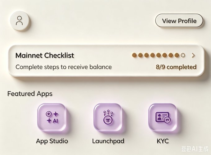 A sleek interface shows the "Mainnet Checklist" with 8/9 completed steps, alongside three Featured Apps: App Studio, Launchpad, and KYC. This aligns with the Pi Network's V25 upgrade streamlining in-browser development and accelerating KYC migration for global financial inclusion.