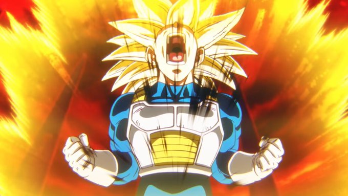 An animated image shows a character with spiky blonde hair screaming with arms outstretched against a dramatic background of intense yellow and orange energy flames.