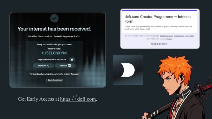 A defi.com Creator Programme confirmation screen showing 'Your interest has been received' alongside a Google Form and an anime character holding a sword.