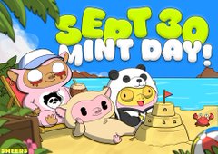 A colorful cartoon banner reads 'SEPT 30 MINT DAY!' featuring three cute pig-like characters, a panda, and a sandcastle on a tropical beach.