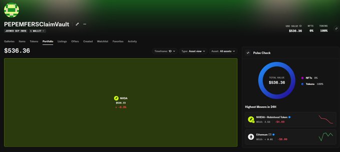 A screenshot of a DeFi portfolio dashboard for "PEPEMFER$ClaimVault1" showing a total value of "$536.36", dominated by "NVDA" ($535.23, -0.3%) and "ETHWorm" ($0.36, -0.3%).