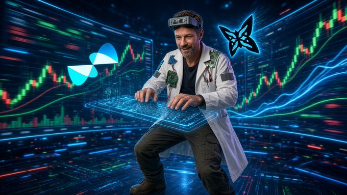 A digital art piece depicting a man in a lab coat wearing a VR/MR headset, typing on a holographic keyboard with cryptocurrency trading charts and digital butterfly logos in the background.