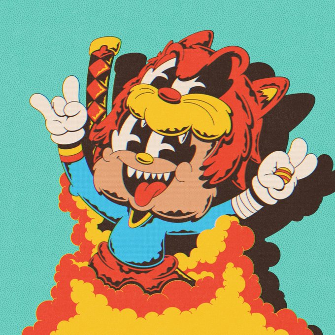 A pop-art style illustration of a character with a red furry animal head, showing sharp teeth and a tongue out, with red and yellow smoke clouds in the background.