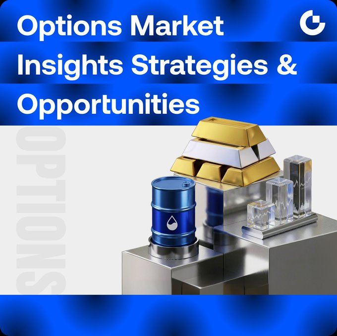The image features a blue barrel with gold bars stacked atop of it, along with some text that reads "Options Market Insights Strategies & Opportunities". The background of the image is white, which contrasts nicely with the blue barrel and gold bars. There are also two small figures in the image - one on top of the barrel and another on a table below it.