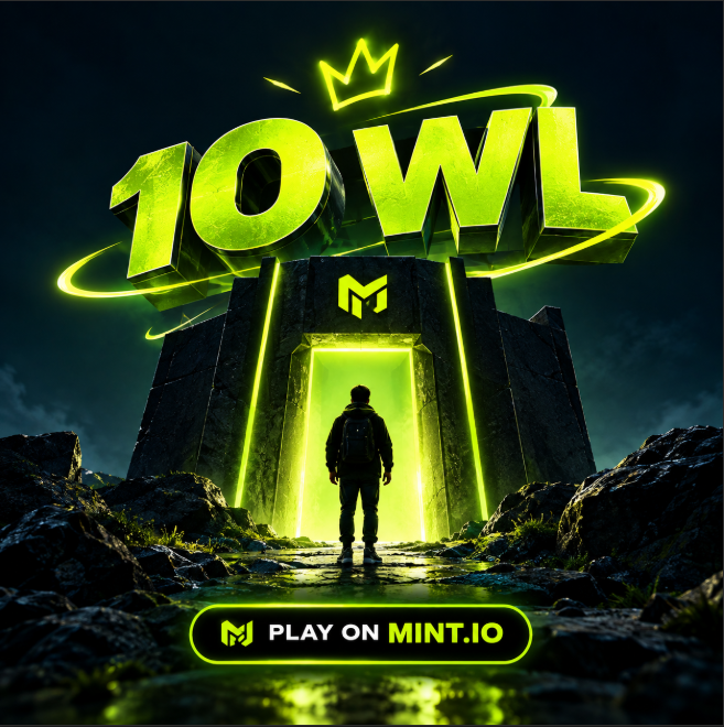 A dramatic graphic showing a silhouetted figure standing before a glowing green portal with large '10WL' text topped by a crown and 'PLAY ON MINT.IO' button.