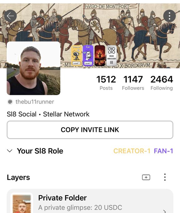 A social media profile page for '@thebu11runner' featuring a medieval Bayeux Tapestry background, showing 1512 Posts, 1147 Followers, 2464 Following, with 'S18 Social · Stellar Network' branding and role labels 'CREATOR-1' and 'FAN-1'.