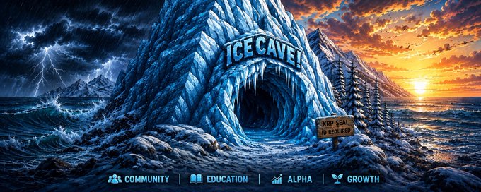 A digital banner titled "ICE CAVE!" shows a frozen cavern entrance on a stormy coastline with lightning on one side and a sunset on the other, with a sign reading "CORP SEAL 18 REQUIRED" and icons labeled COMMUNITY, EDUCATION, ALPHA, and GROWTH.