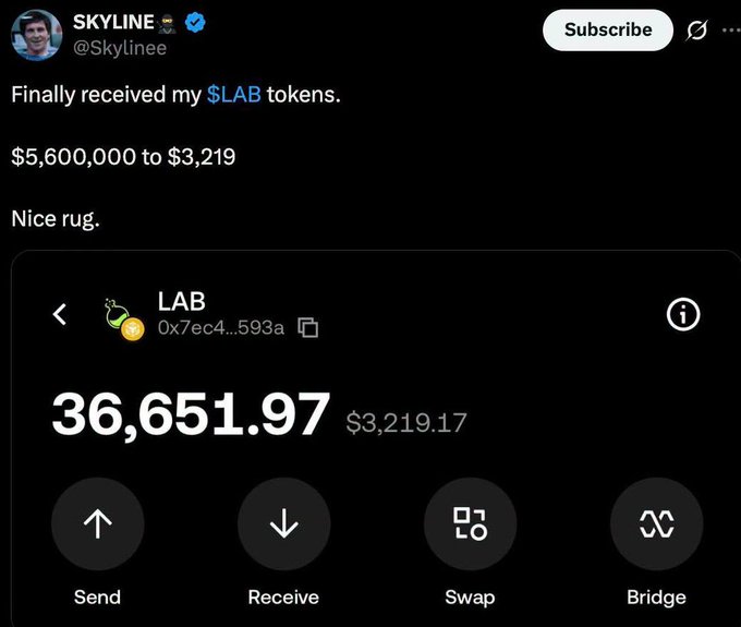 A screenshot of a tweet from @Skylinee showing a crypto wallet holding 36,651.97 LAB tokens (worth $3,219.17), with the user complaining about the token's value dropping from $5,600,000 to $3,219 and calling it a "Nice rug." The image illustrates the post's point about how LAB tokens experienced a massive pump during low liquidity but crashed dramatically after token unlocks, wiping out a once multi-million dollar position to just a few thousand dollars.