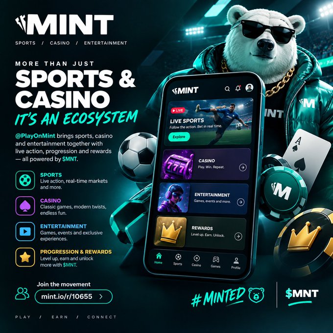 A promotional advertisement for '$MINT' featuring a polar bear mascot in sunglasses alongside a smartphone displaying the app's sports, casino, and entertainment ecosystem, with text reading 'More than just SPORTS & CASINO - IT'S AN ECOSYSTEM' and the URL mint.io/r/10655.