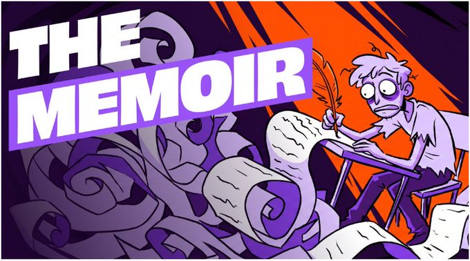 A stylized graphic banner with bold purple and white text reading 'THE MEMOIR' alongside a cartoon illustration of a bearded man writing on scrolls with a quill pen.