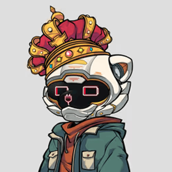 A stylized NFT character wearing an ornate gold and red crown, a futuristic white helmet with a digital face display showing pink squares for eyes and mouth, and a green jacket.