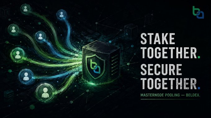 An advertisement for masternode pooling featuring the text 'STAKE TOGETHER. SECURE TOGETHER.' and 'MASTERNODE POOLING - BELDEX' alongside imagery of connected users and a secure server icon.