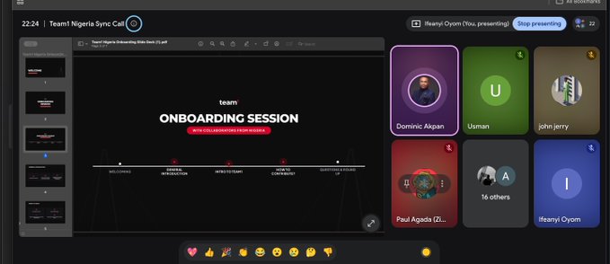 The image shows a Google Meet presentation titled "Team ONBOARDING SESSION" for "Team1 Nigeria," with Ifeanyi Oyom presenting to 48 attendees including participants like Dominic Akpan, Usman, John Jerry, and Paul Agada. The screen capture illustrates the virtual collaboration call referenced in the post, showing contributors from across Nigeria coming together to align on their shared vision.