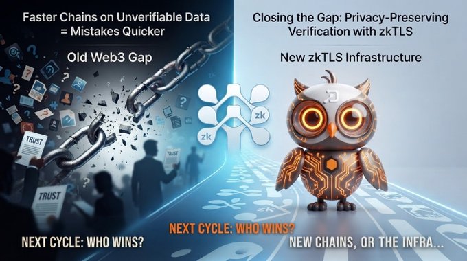 A split comparison graphic contrasts 'Old Web3 Gap: Faster Chains on Unverifiable Data = Mistakes Quicker' (showing broken chains and trust issues) with 'New zkTLS Infrastructure: Closing the Gap: Privacy-Preserving Verification with zkTLS' (featuring an owl mascot).