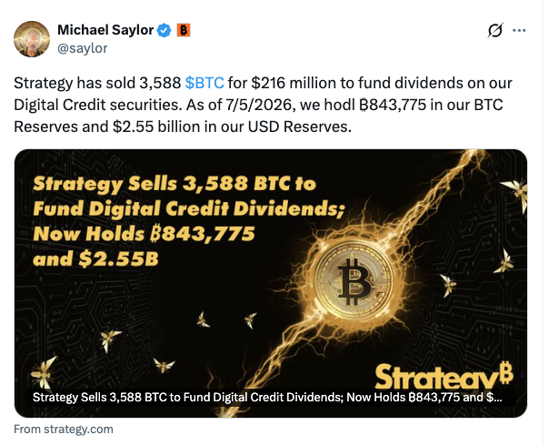 A tweet from Michael Saylor (@saylor) announcing that Strategy has sold 3,588 BTC for $216 million to fund dividends, now holding 843,775 BTC and $2.55B in reserves as of 7/5/2026.