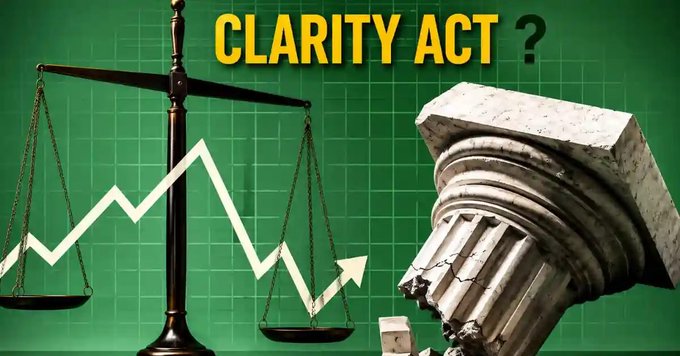 A graphic featuring the text "CLARITY ACT?" alongside a balance scale, an upward-trending line graph, and a cracked classical column, symbolizing uncertainty around crypto regulation. The imagery reflects the post's news of White House meetings with crypto industry leaders ahead of the CFTC's Innovation Advisory Committee, highlighting the regulatory ambiguity facing the industry.