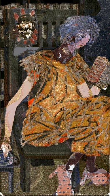 A digital art piece titled 'Seb' from the Chimeras collection, depicting a figure in patterned orange clothing sitting on a chair next to a grotesque mask.