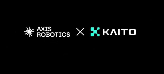 A black screen displaying a collaboration logo featuring "AXIS ROBOTICS" alongside "KAITO" with a cross symbol between them.