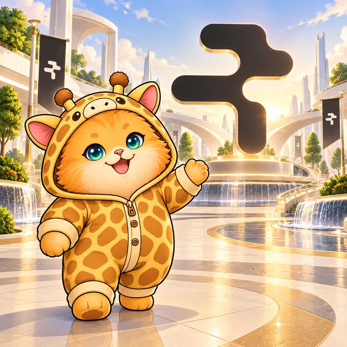 An illustrated cartoon cat wearing a giraffe-patterned onesie stands waving in front of a futuristic plaza with fountains and a large logo monument in the background.