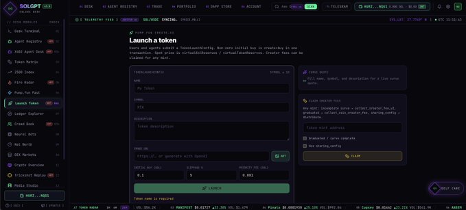 Screenshot of the SolGPT trading interface showing a 'Launch Token' form with fields for name, symbol, description, and image URL on the Solana blockchain.