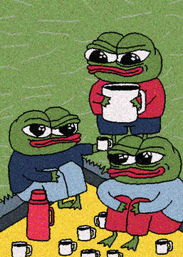 An illustration of three Pepe the Frog characters sitting around a table drinking from mugs, with one reading from a piece of paper.