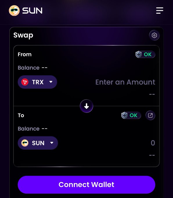A SUN cryptocurrency swap interface showing a token exchange from TRX to SUN with a 'Connect Wallet' button at the bottom.
