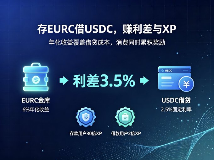 Promotional graphic in Chinese explaining a 3.5% interest rate arbitrage between depositing EURC (6% yield) and borrowing USDC (2.5% fixed rate), with XP rewards of 30x and 2x respectively.