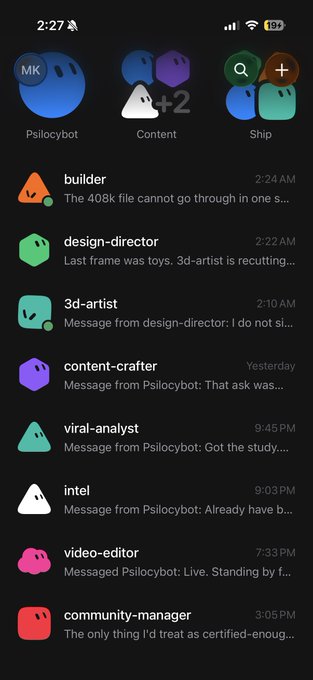 The image shows a mobile app interface listing chat conversations with various AI bots, including "Psilocybot," "Content" (+2), "Ship," "builder," "design-director," "3d-artist," "content-crafter," "viral-analyst," "intel," "video-editor," and "community-manager," with timestamps ranging from yesterday to 2:24 AM. While the post promotes Grok Bot as an investment opportunity, the screenshot displays a different chatbot platform featuring numerous bots, suggesting a contrast between the promoted investment and the actual variety of AI agents available.