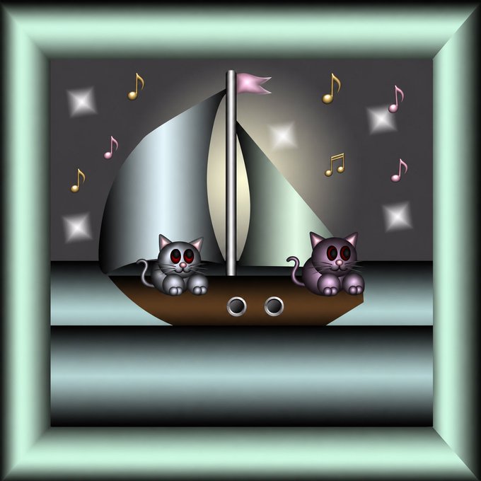 A digital illustration of a sailboat with two cats—one gray and one pink—sitting on the deck, surrounded by floating musical notes and sparkles against a dark background.