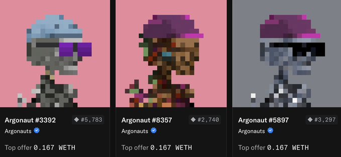 Three pixel-art Argonaut NFT listings are displayed, including Argonaut #3392 (Ξ5,783), Argonaut #8357 (Ξ2,740), and Argonaut #5897 (Ξ3,297), all from the Argonauts collection with a top offer of 0.167 WETH each. The image supports the post's claim of picking up multiple NFTs at a uniform 0.167 WETH offer, well below their listed prices, illustrating a buyer acquiring discounted assets from the 9,999 collection.