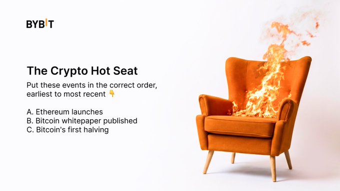A Bybit social media post titled "The Crypto Hot Seat" features a flaming orange armchair alongside a quiz asking readers to order key crypto events chronologically: Ethereum launches, the Bitcoin whitepaper publication, Bitcoin's first halving, and FTX collapsing. The burning chair visually symbolizes the "hot seat" challenge, evoking the high-stakes nature of correctly recalling crypto history.