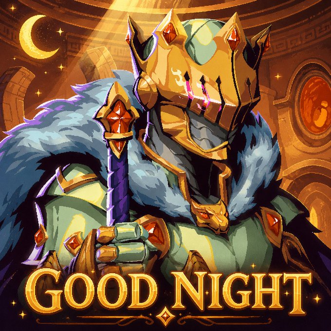 A 'GOOD NIGHT' digital artwork featuring a fantasy armored knight with a golden helmet, blue fur mantle, and ornate sword, set against a warm background with a crescent moon.