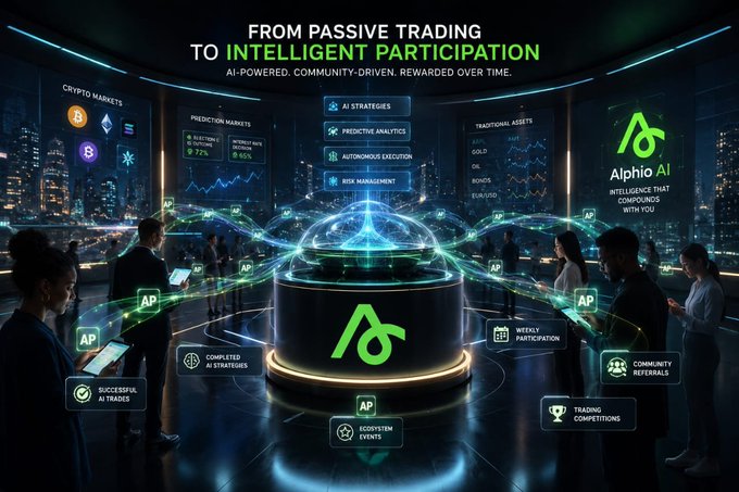 Promotional graphic for Alphio AI featuring the tagline 'FROM PASSIVE TRADING TO INTELLIGENT PARTICIPATION,' highlighting AI-powered, community-driven crypto and traditional asset trading features like prediction markets, risk management, and ecosystem events.