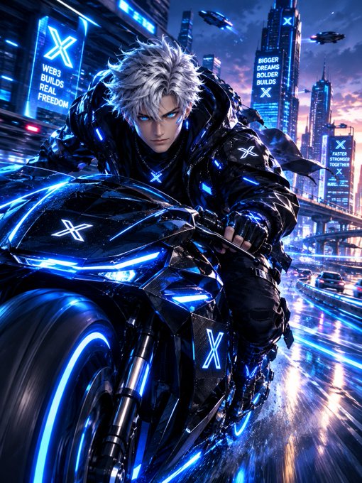A digital illustration of a white-haired male anime character in dark futuristic clothing riding a glowing blue motorcycle through a neon-lit cyberpunk city, with visible text including "WEB3 BUILDS REAL FREEDOM," "BIGGER DREAMS BOLDER BUILDS," and "FASTER STRONGER TOGETHER."