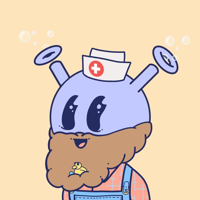 A cartoon illustration of a purple, propeller-hatted character wearing a nurse's cap, with a thick beard and a small duckling peeking out.