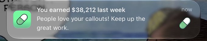 A smartphone push notification from the "Pump Fun" app displays the message "You earned $38,212 last week. People love your callouts! Keep up the great work." This relates to the post by showcasing the app's interface and its notification system, which highlights users' earnings from successful trading "callouts."