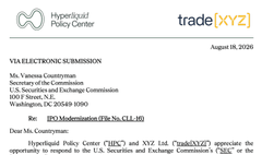 The image shows an official letter from the Hyperliquid Policy Center addressed to the U.S. Securities and Exchange Commission (SEC), dated August 14, 2025, requesting the addition of DeFi Protocol tokens to the SEC's XRPL Airdrop. The letter is signed by Mark Uyeda, Acting Chairman, and references Associate Administrator Tatiana K. R. Sarmad. The accompanying post celebrates this development as a major win for Hyperliquid, suggesting that SEC leadership is actively working to bring the protocol into U.S. regulatory compliance.