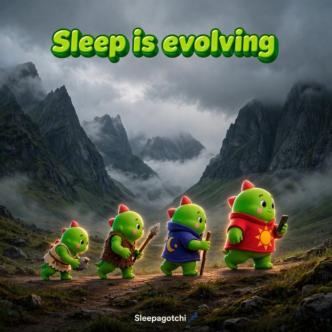 An advertisement titled "Sleep is evolving" featuring four green cartoon creatures evolving in stages (from caveman to smartphone-wielding) with the "Sleepagotchi" logo at the bottom.