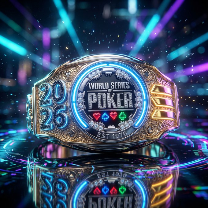A 3D-rendered, ornate gold championship ring for the 'World Series of Poker 2026' featuring diamond-studded lettering, poker suit symbols (hearts, spades, clubs), and 'EST 1970', displayed against a vibrant neon-lit casino background.