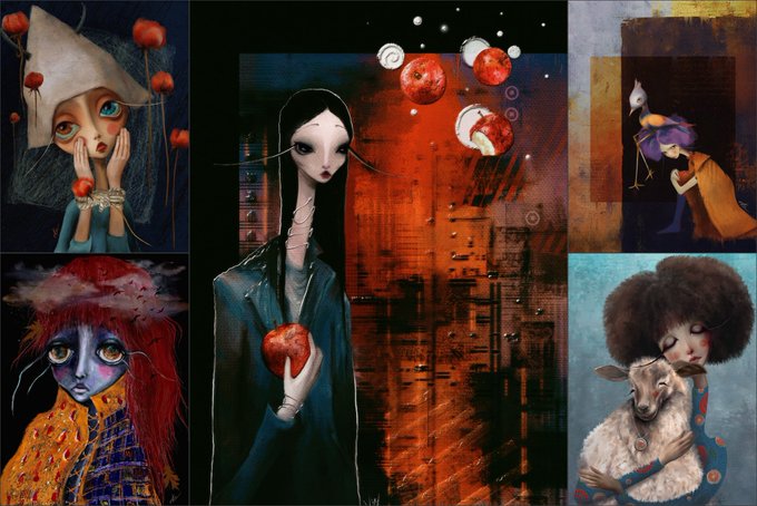 The image features a collection of six different paintings depicting women with unique styles and subjects. The paintings are arranged in two rows, showcasing various themes and artistic expressions. One row includes a woman holding an apple, while another depicts a woman hugging a sheep. Each painting is accompanied by a caption that provides context or description about the artwork.