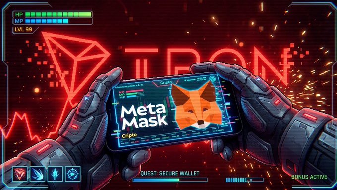 A digital gaming-style illustration showing mechanical hands holding a smartphone displaying the MetaMask logo and 'Meta Mask Crypto' interface, set against a red Tron-themed background with HP/MP bars, 'LVL 99', and 'QUEST: SECURE WALLET' text.