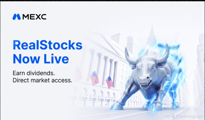 MEXC advertisement announcing "RealStocks Now Live" with text "Earn dividends. Direct market access." next to a glowing bull statue in front of a building with American flags.