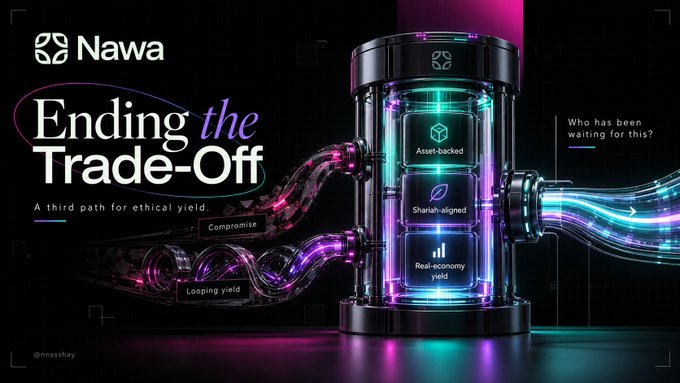 A promotional graphic for 'Nawa' featuring a neon-lit cylindrical chamber with text 'Ending the Trade-Off' and 'A third path for ethical yield,' alongside labeled elements like 'Asset-backed,' 'Shariah-aligned,' and 'Real-economy yield' versus 'Compromise' and 'Looping yield.'